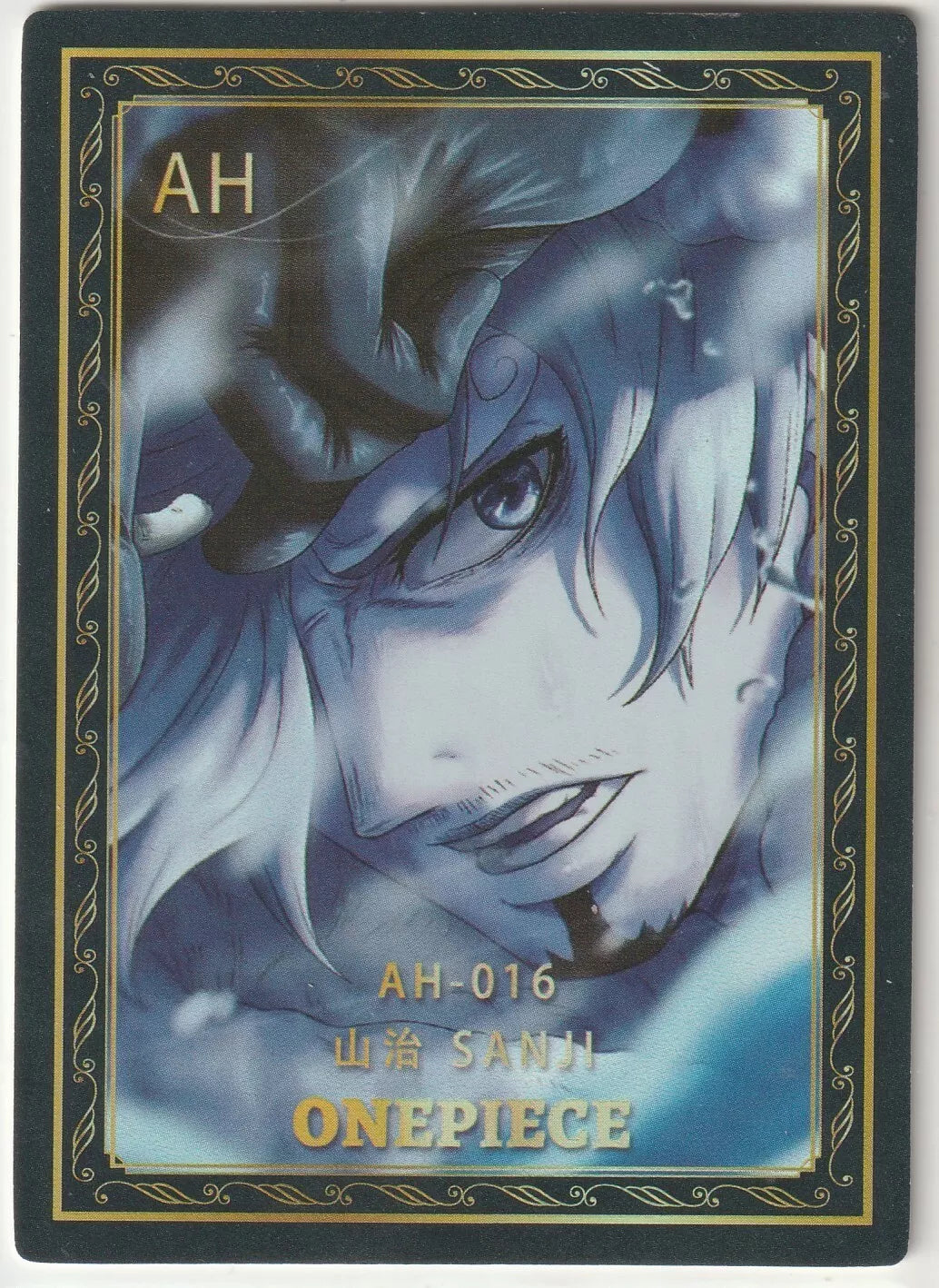 "Close-up portrait of Sanji Vinsmoke from One Piece AH-016 card, featuring intense expression and a raised hand.