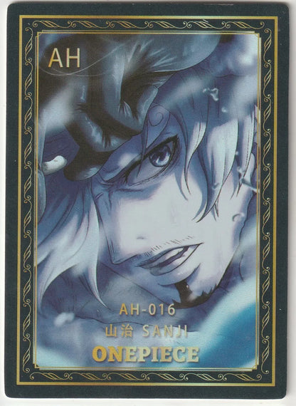 "Close-up portrait of Sanji Vinsmoke from One Piece AH-016 card, featuring intense expression and a raised hand.