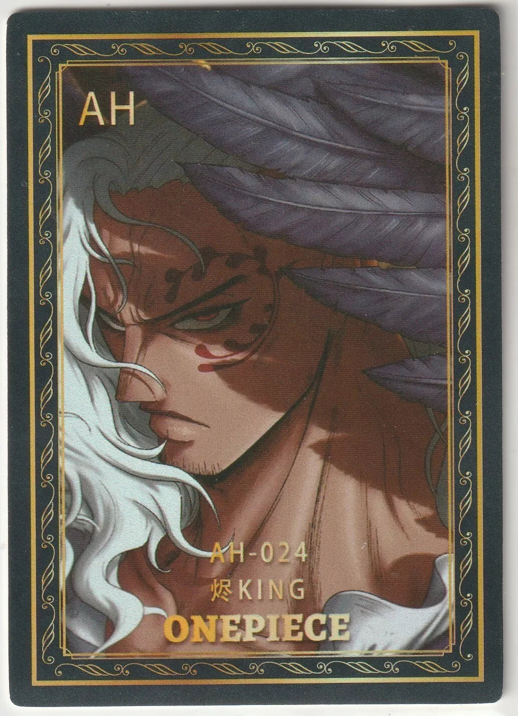 Close-up portrait of King from One Piece AH-024 card, featuring his sharp features, white hair, and feathered wings.