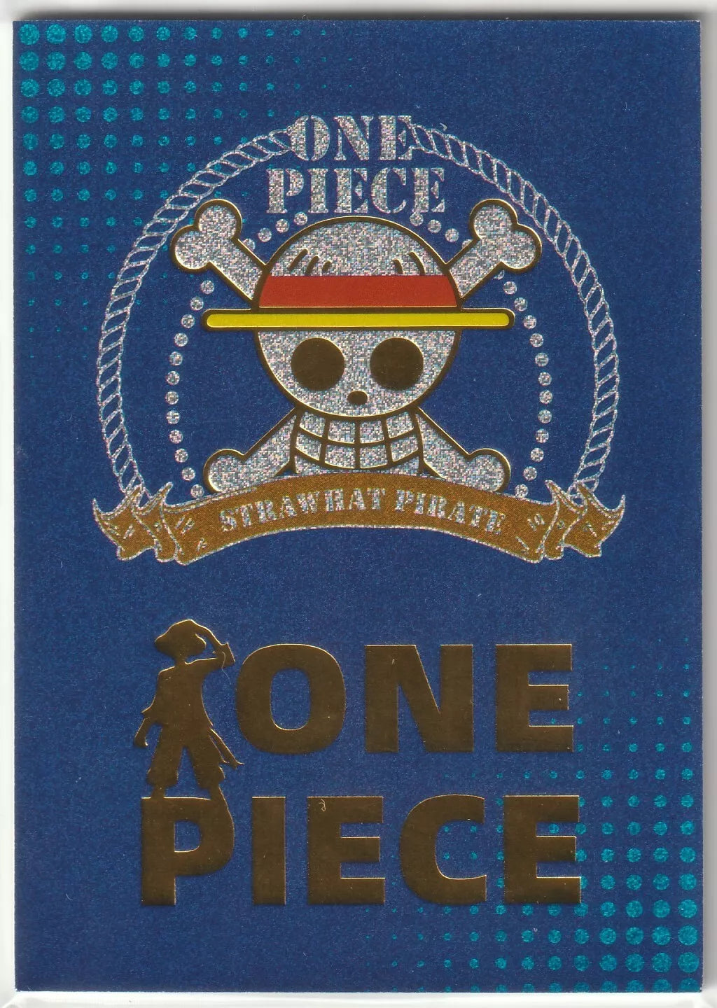 Straw Hat Pirates' Jolly Roger on the back of the card, with metallic silver and gold accents.