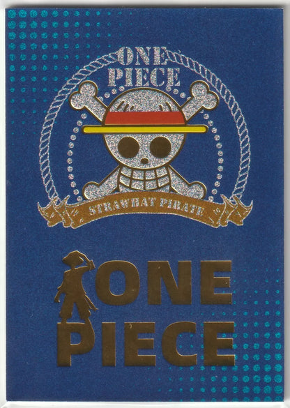 Straw Hat Pirates' Jolly Roger on the back of the card, with metallic silver and gold accents.