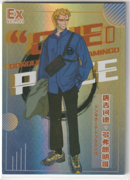 Donquixote Doflamingo in casual streetwear attire, holding a green jacket and exuding confidence in a textured foil One Piece card.