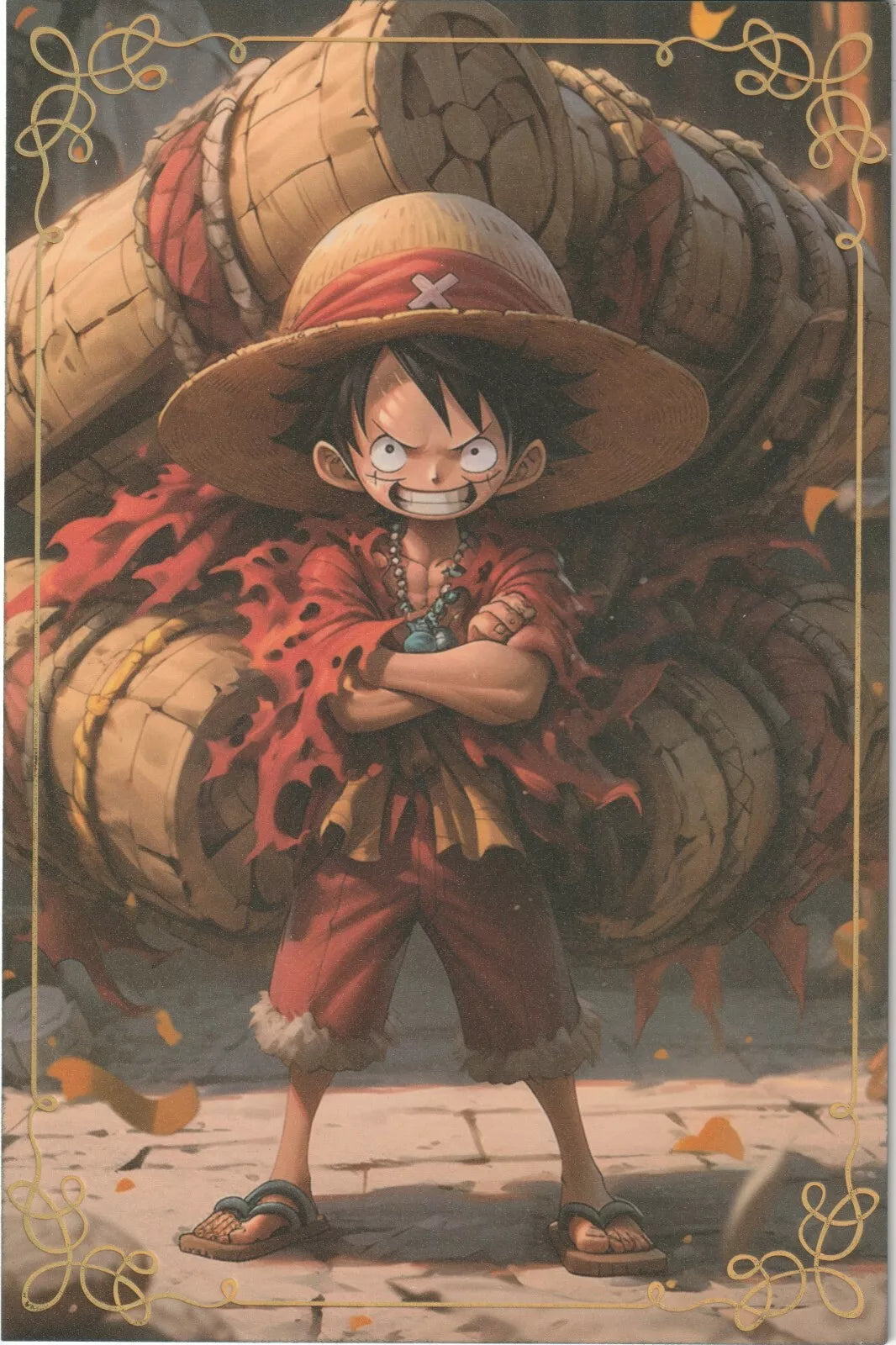  Matte card with a gold foil border showcasing Monkey D. Luffy standing confidently, holding barrels.