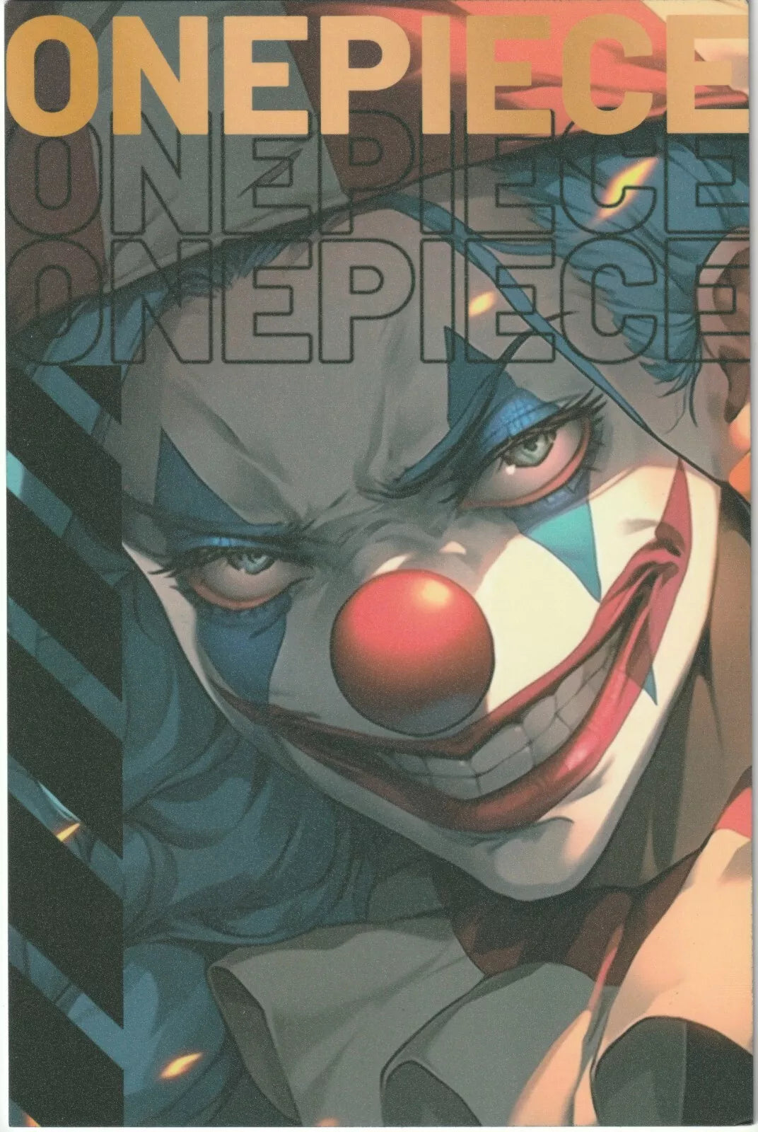 Bold portrait of a clown character with "One Piece" text repeated across the background in a matte finish.