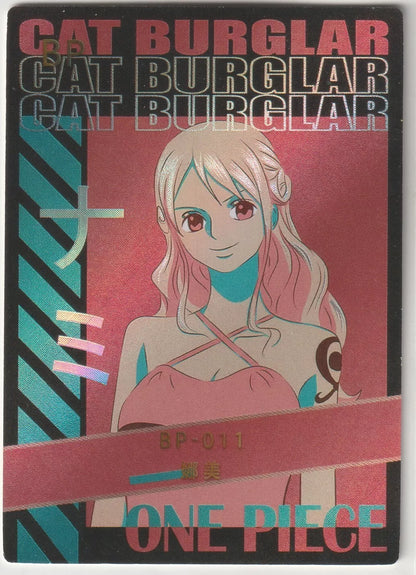 One Piece Anime Card BP-011 Nami Cat Burglar in black pink foil poster style, showing Nami with a confident smile and a pink outfit.