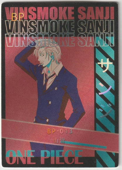 A foil poster style card featuring Sanji Vinsmoke in his iconic suit, part of the One Piece BP-013 collection.