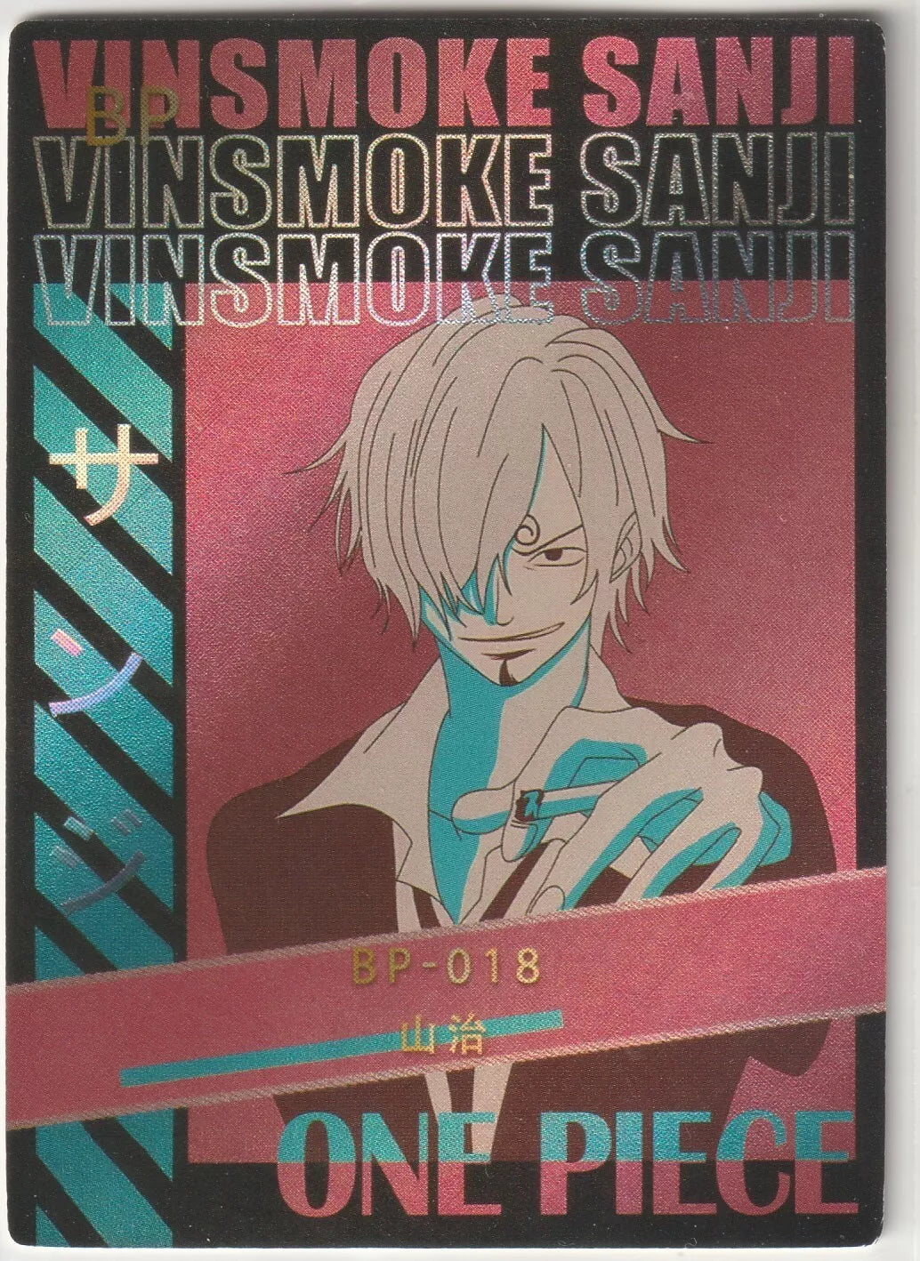 One Piece Anime Card BP-018 featuring Sanji Vinsmoke in a black and pink foil design, holding a cigarette and wearing a suit, styled in a poster format.