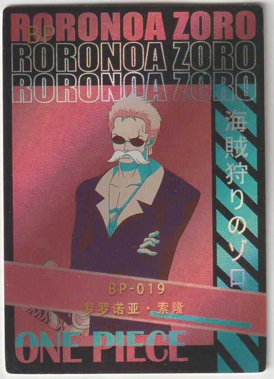 One Piece BP-019 Black Pink Foil Poster Style featuring Roronoa Zoro in a disguise with sunglasses and a mustache, foil accents.