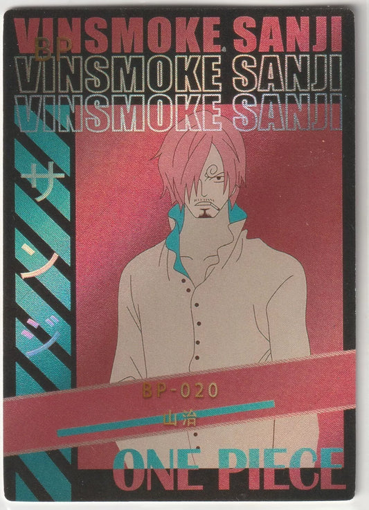 One Piece BP-020 Black Pink Foil Poster Style card featuring Sanji Vinsmoke in his iconic suit, with foil accents highlighting the character’s stylish pose.