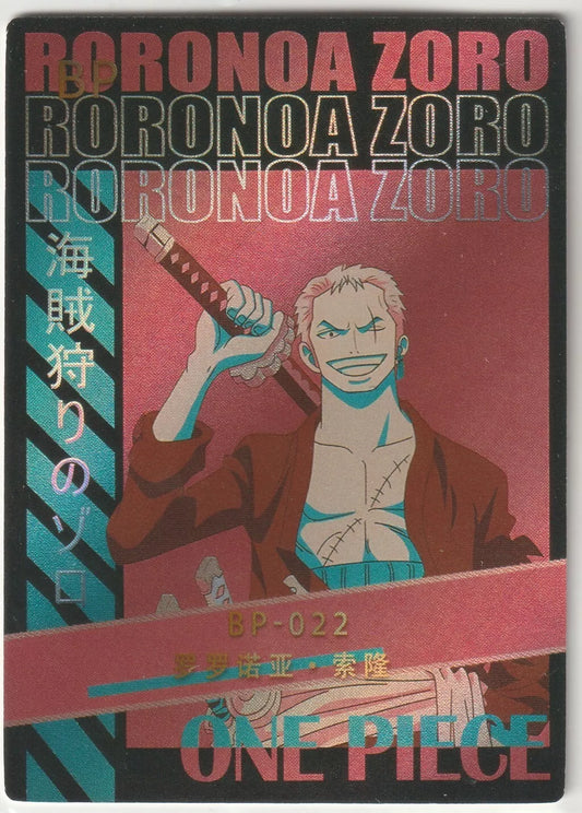 Black Pink Foil Poster Style card of Roronoa Zoro holding his sword with a determined smile, standing against a stylish black and pink foil background.