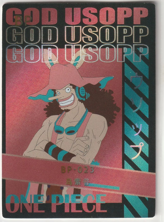 God Usopp BP-023 black pink foil poster-style card with Usopp in a confident pose, featuring bright foil accents and bold design elements.