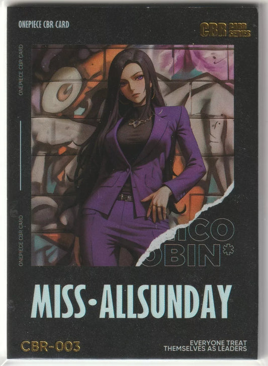 "Nico Robin Miss AllSunday CBR-003, limited edition, featuring Nico Robin in a purple suit with graffiti background."