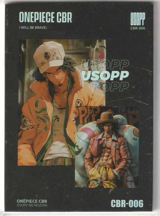 One Piece CBR-006 Usopp card featuring Usopp in a modern outfit with a fashion-forward design, matte finish, and numbered 374/599.