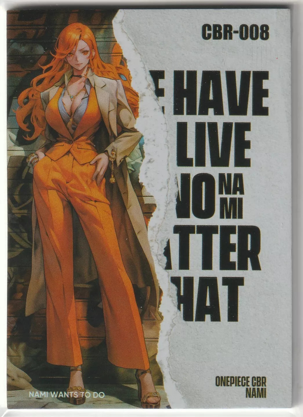  Nami from One Piece dressed in a fashionable orange suit and trench coat, posing confidently as part of the limited CBR series.