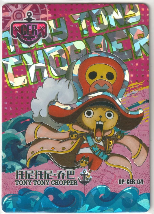 "Tony Tony Chopper in pirate attire, charging forward with vibrant colors and cracked ice foil design."