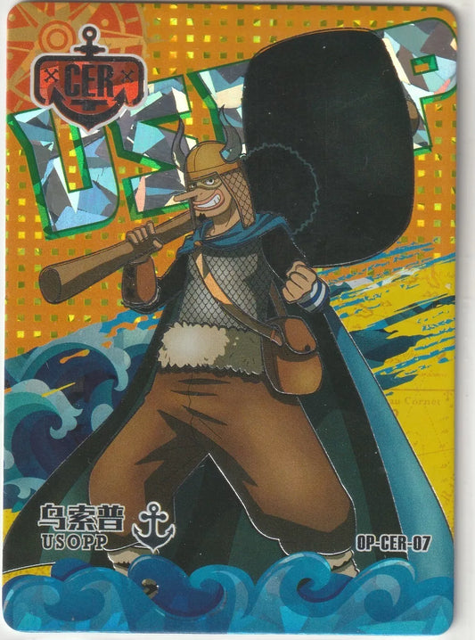 One Piece OP-CER-07 Cracked Ice Crystal Foil card featuring Usopp in Sogeking attire with vivid colors and a dynamic cracked ice foil effect."