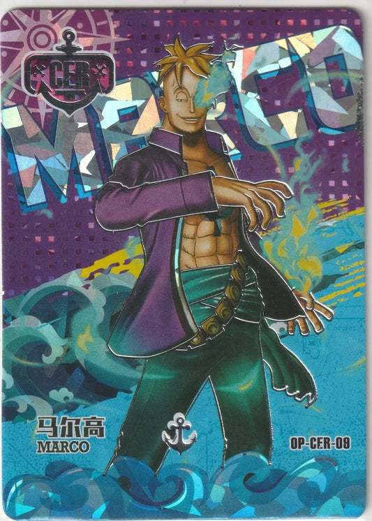 One Piece Anime Card CER-09 Cracked Ice Crystal Foil featuring Marco the Phoenix with blue flames in a dynamic holographic design.