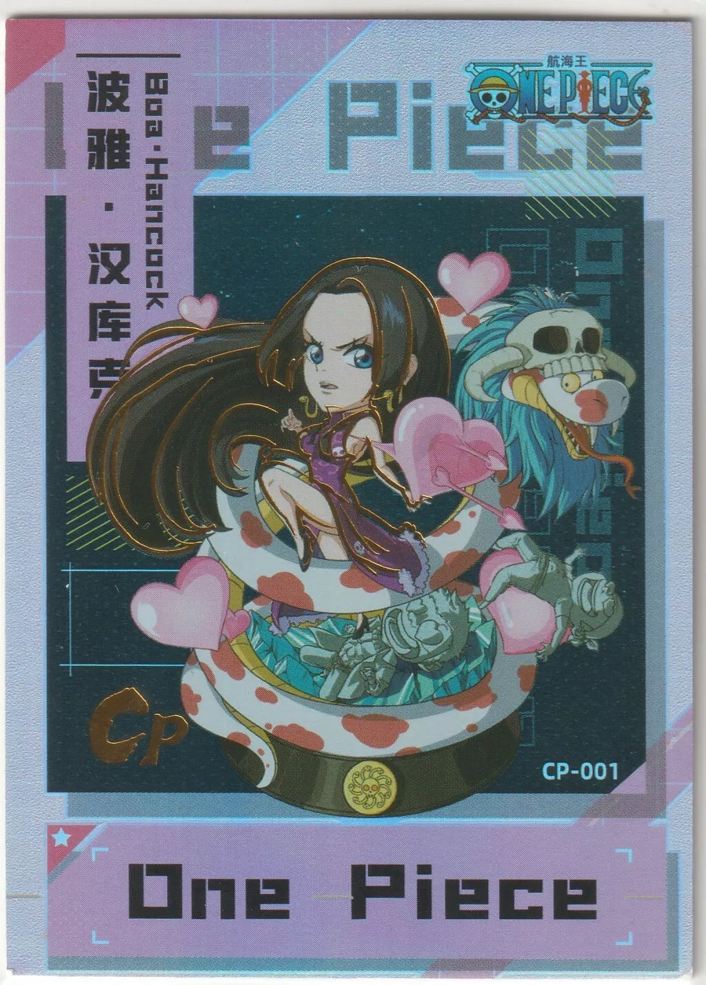 One Piece Anime Card CP-001 featuring Chibi Boa Hancock with hearts and her snake, Salome, in a playful, cute design.