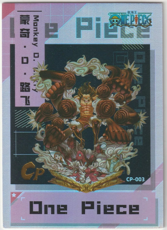 One Piece Anime Card CP-003 featuring Monkey D. Luffy in his Boundman form, with large fists and swirling clouds, ready for battle.