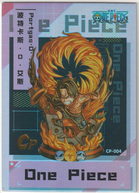 One Piece Anime Card CP-004 featuring Portgas D. Ace launching a Fire Fist attack, surrounded by flames in a dynamic pose.