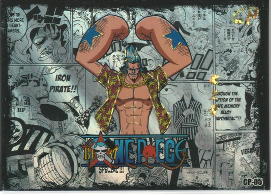 Manga Style Franky Awesome Foil CP-05 featuring Franky flexing his arms, with manga panels in the background