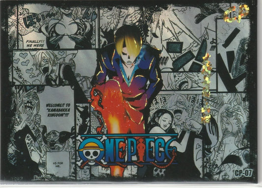 "One Piece CP-07 Manga Style Sanji Vinsmoke card showcasing Sanji with flaming leg and manga panels in the background."