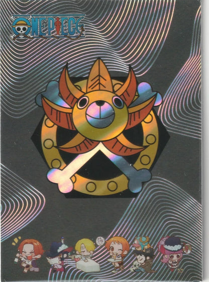 One Piece CP-08 card back featuring the Thousand Sunny emblem in a foil effect with chibi Straw Hat Pirates.