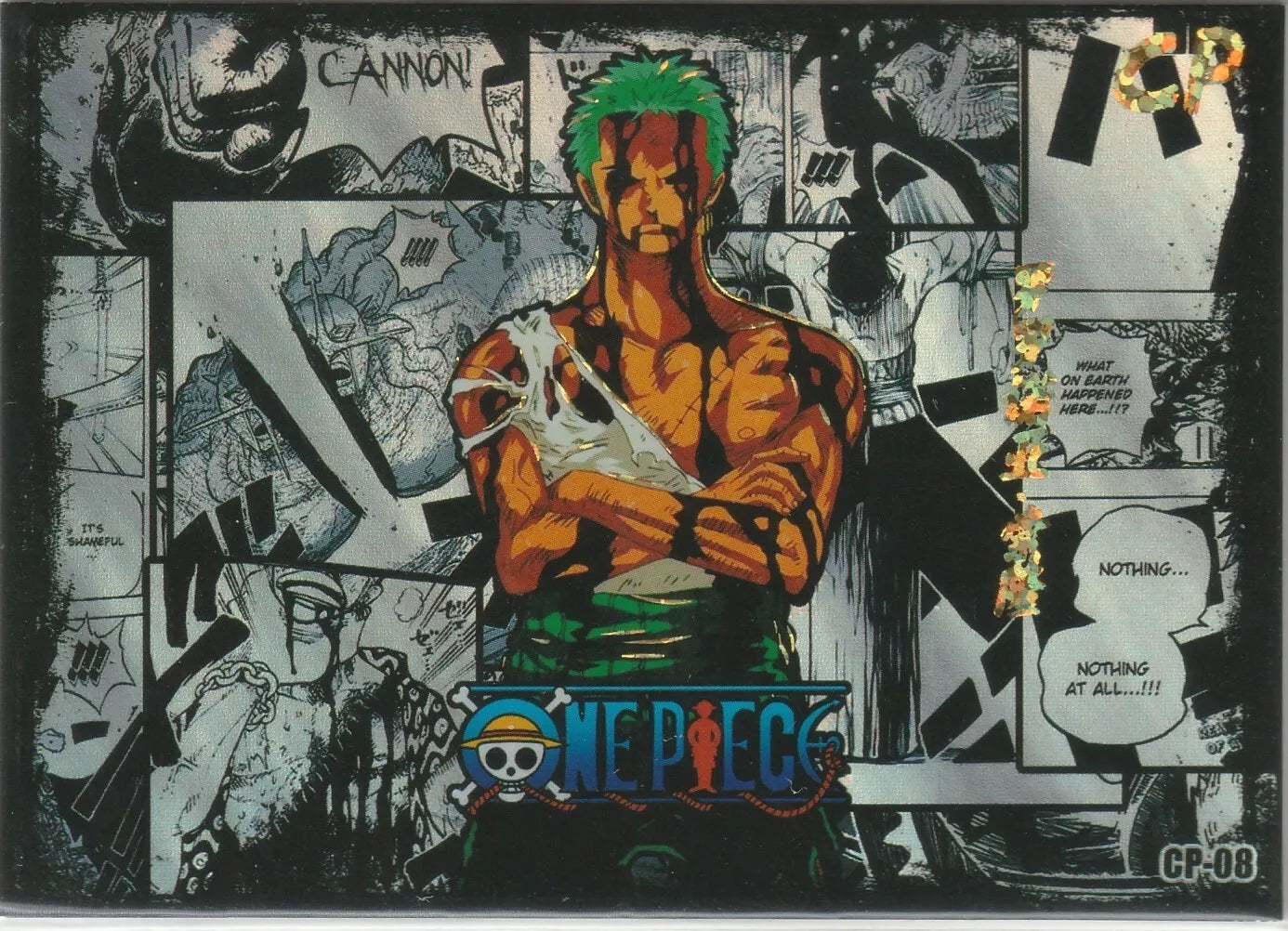 One Piece CP-08 card featuring Roronoa Zoro in a manga-style design with a holographic foil effect, surrounded by battle panels from the series.