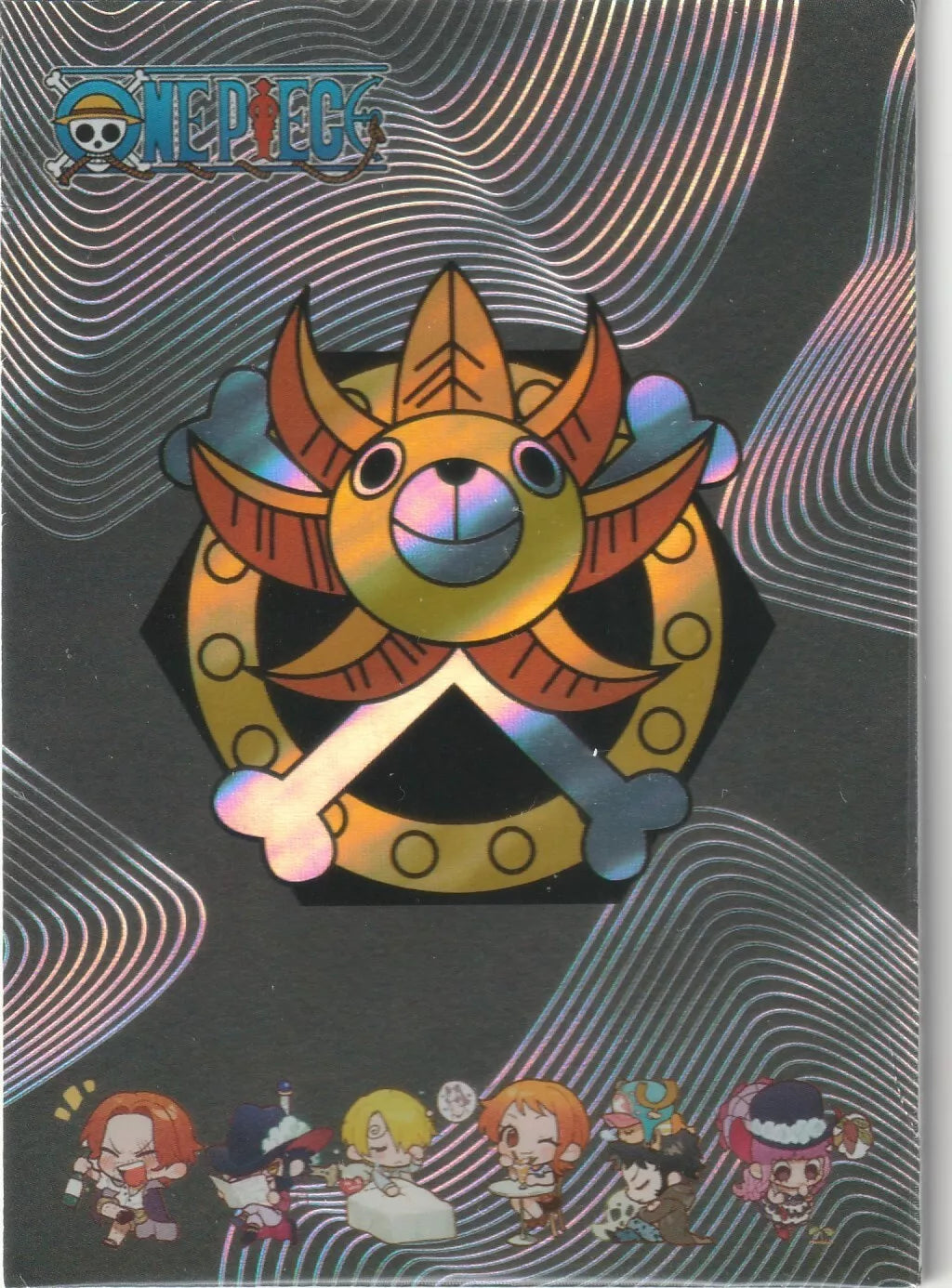  One Piece CP-09 card back featuring the Thousand Sunny emblem in a foil effect with chibi Straw Hat Pirates.