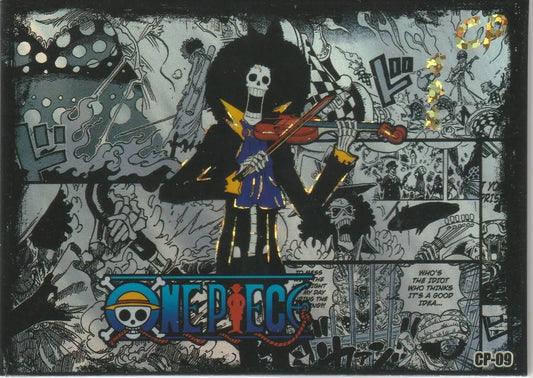 One Piece CP-09 card featuring Brook as "Soul King" playing his violin, set against manga panels in a foil design.