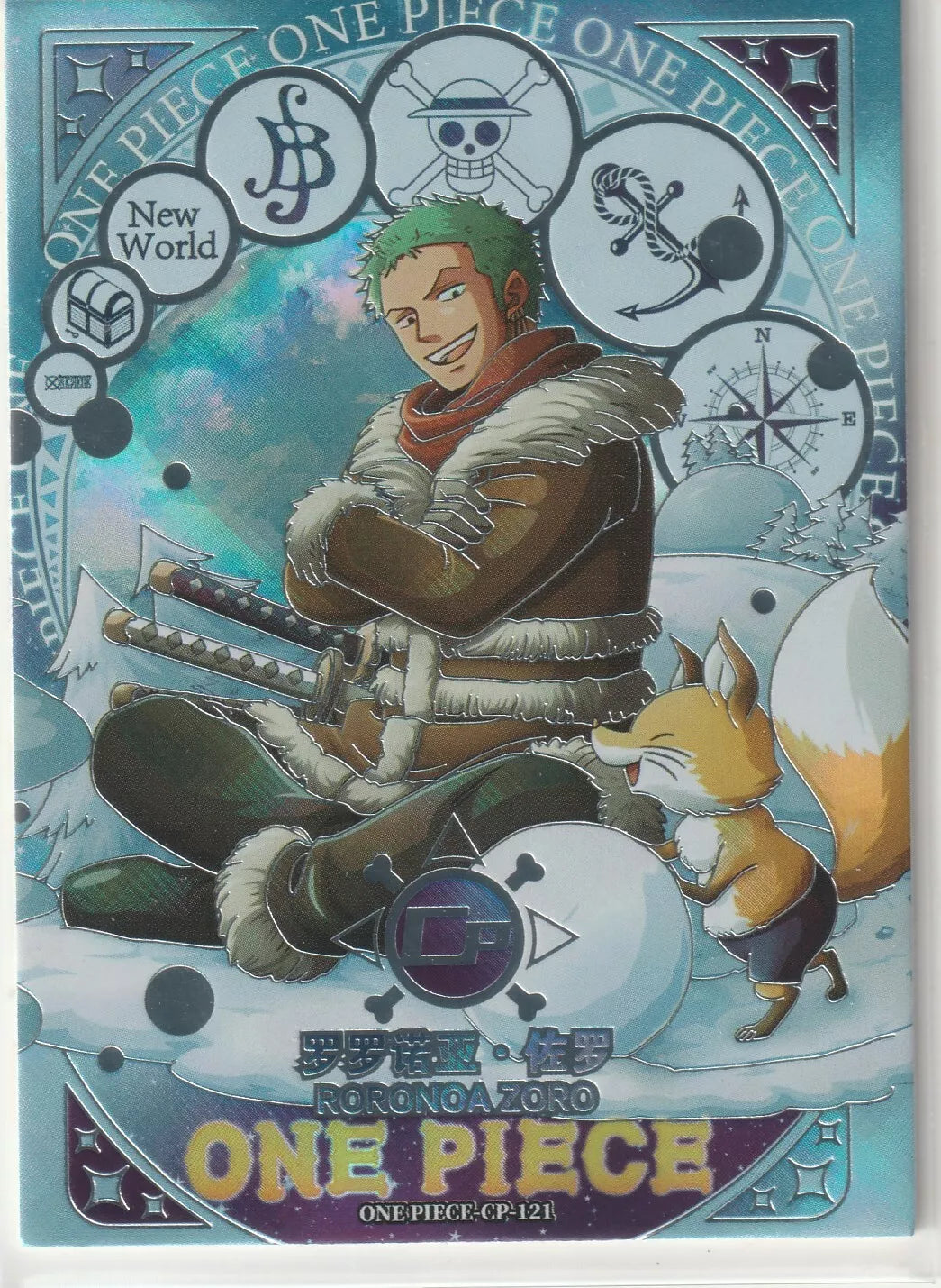  One Piece CP-121 card featuring Roronoa Zoro in a winter scene with a refractor foil effect, alongside a playful fox and swords.