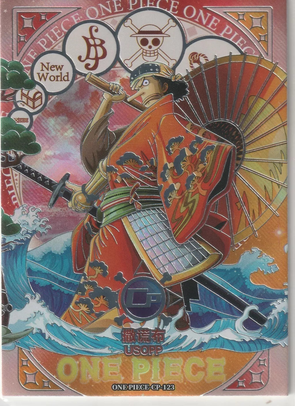 One Piece CP-123 card featuring Usopp (Sogeking) in a colorful kimono, with a refractor foil effect and traditional Japanese background elements.