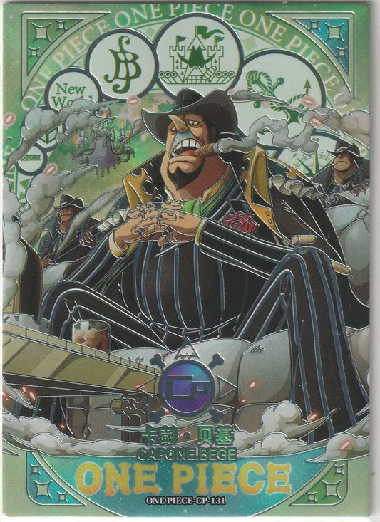 One Piece CP-131 card featuring Capone Bege sitting with a cigar in hand, surrounded by his crew, with a winter refractor foil effect.
