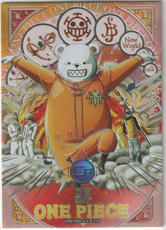 One Piece CP-132 card featuring Bepo of the Heart Pirates in an orange jumpsuit, with a vibrant refractor foil effect and dynamic winter-themed background.