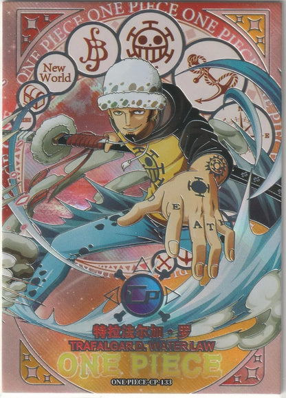  One Piece CP-133 card featuring Trafalgar D. Water Law in mid-battle, with a vibrant winter-themed refractor foil effect and dynamic background elements.