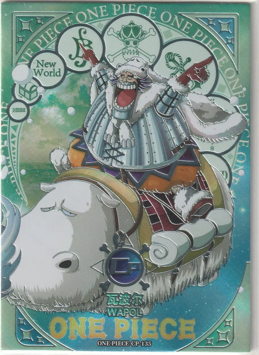 One Piece CP-135 Wapol Drum Kingdom Winter card featuring Wapol in his winter attire, with a foil refractor effect.