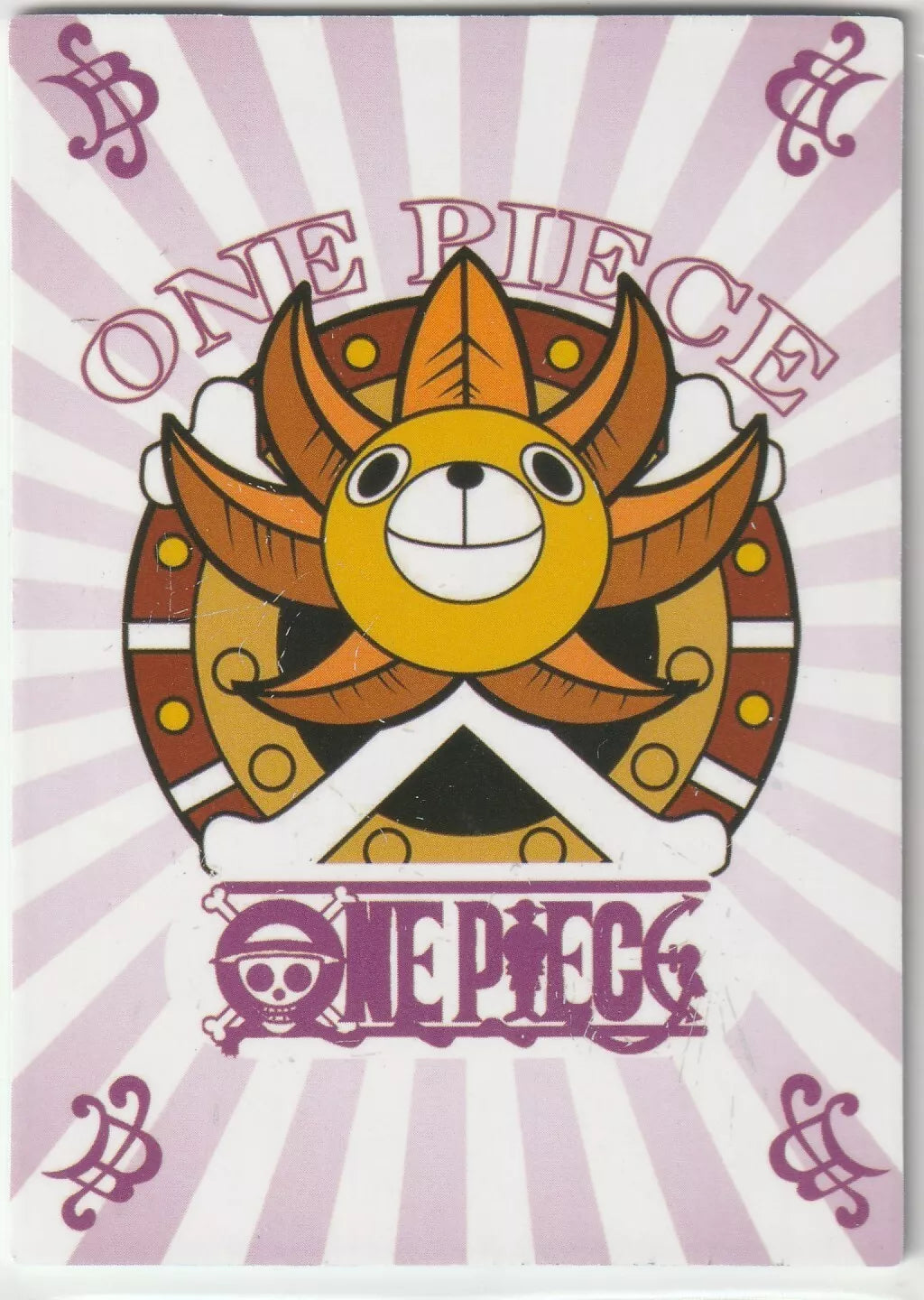 The back of the One Piece Anime Card CP-17 featuring the Thousand Sunny emblem and the One Piece logo in purple tones.