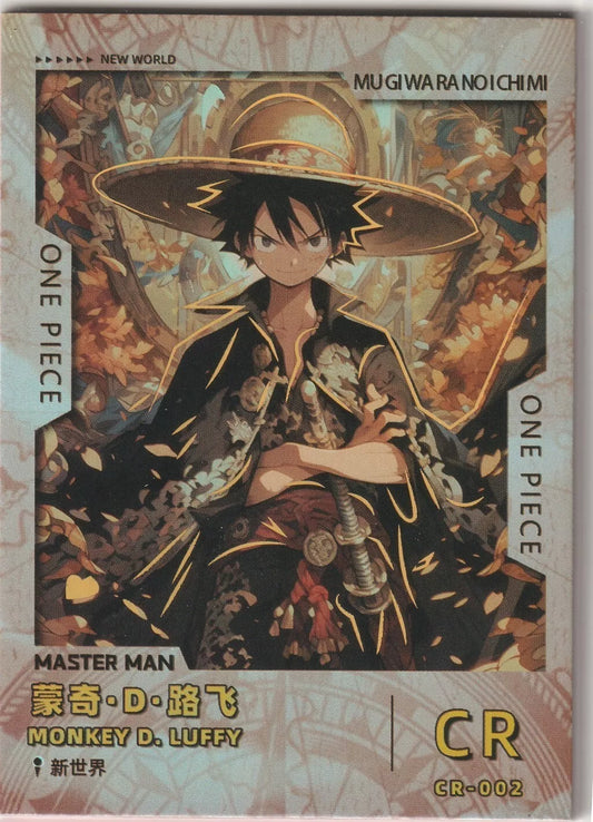  One Piece Anime Card CR-002 featuring Monkey D. Luffy, also known as "Master Man," with gold foil accents and intricate design, numbered 038/499.