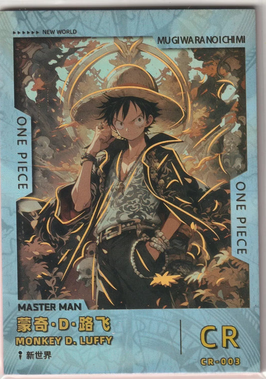 One Piece Anime Card CR-003 featuring Monkey D. Luffy, also known as "Master Man," with gold foil accents and intricate design, numbered 499.