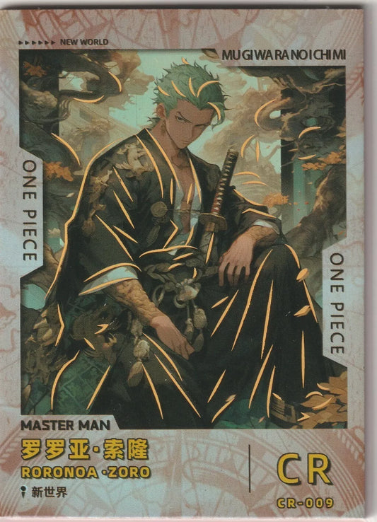  Roronoa Zoro on a gold foil accented card from the One Piece CR-009 Master Man set, striking a powerful pose with his katana against a vibrant background.