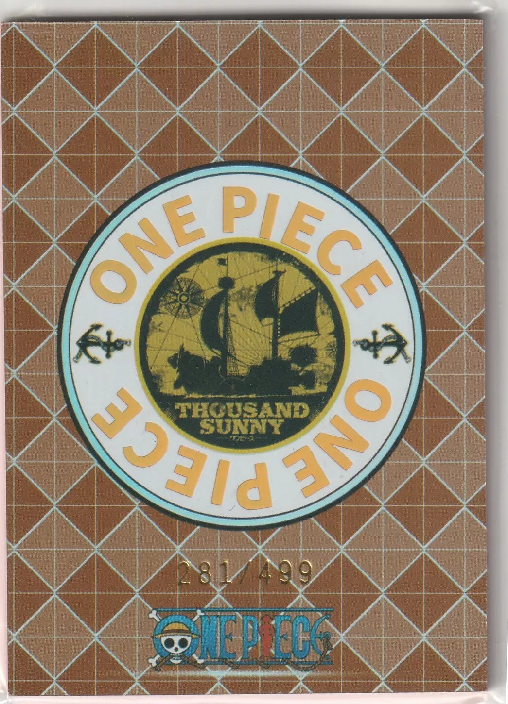 Thousand Sunny logo from One Piece with a brown lattice background, displaying serial number 281/499.