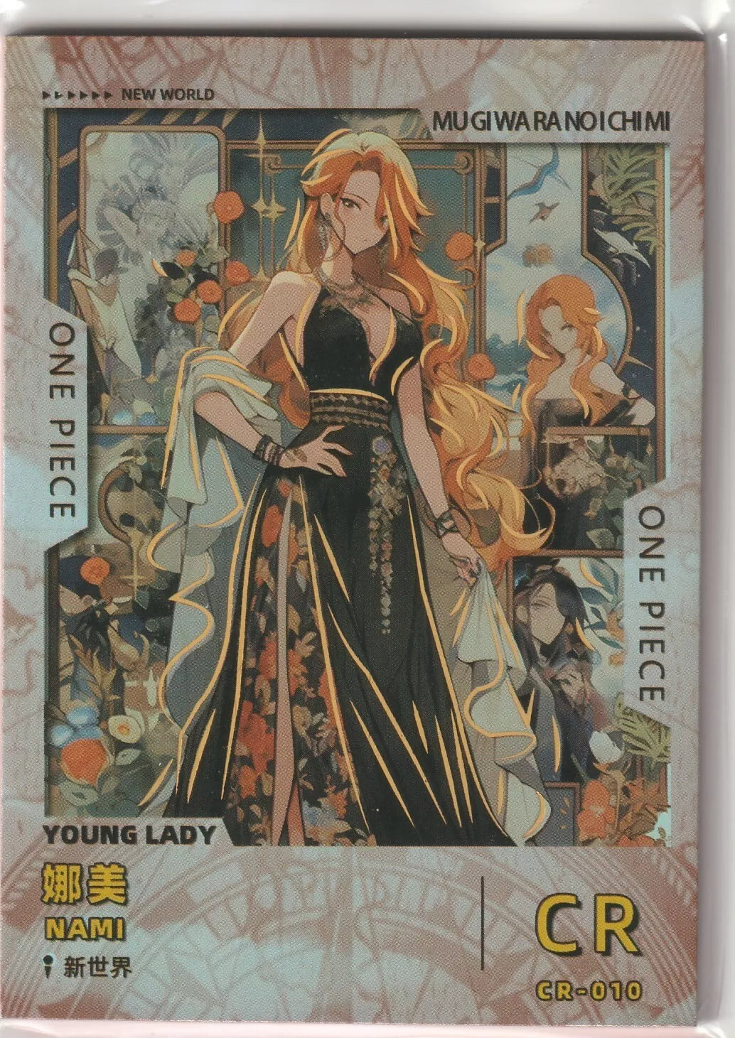 Young Lady Nami from One Piece stands elegantly in a black and floral gown with gold foil accents on her figure and surroundings.