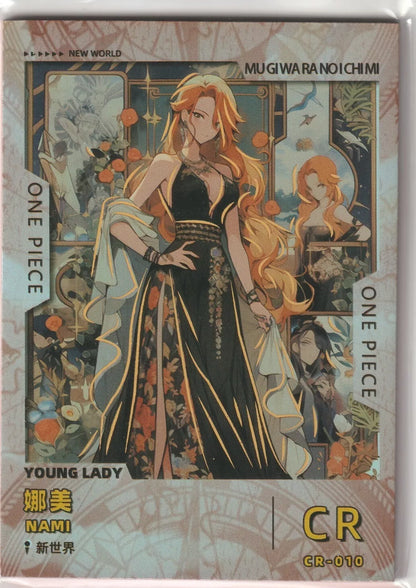 Young Lady Nami from One Piece stands elegantly in a black and floral gown with gold foil accents on her figure and surroundings.