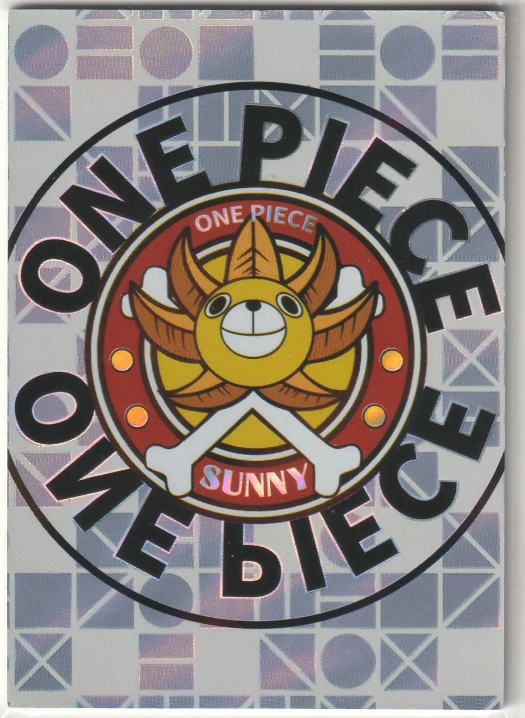 One Piece logo with Thousand Sunny emblem and geometric foil background.