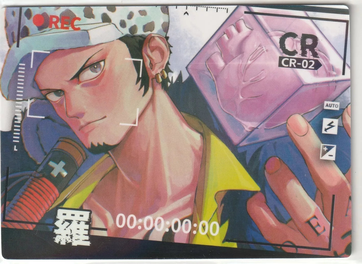 "One Piece CR-01 card featuring Trafalgar D. Water Law with a pink heart and camera recording design."