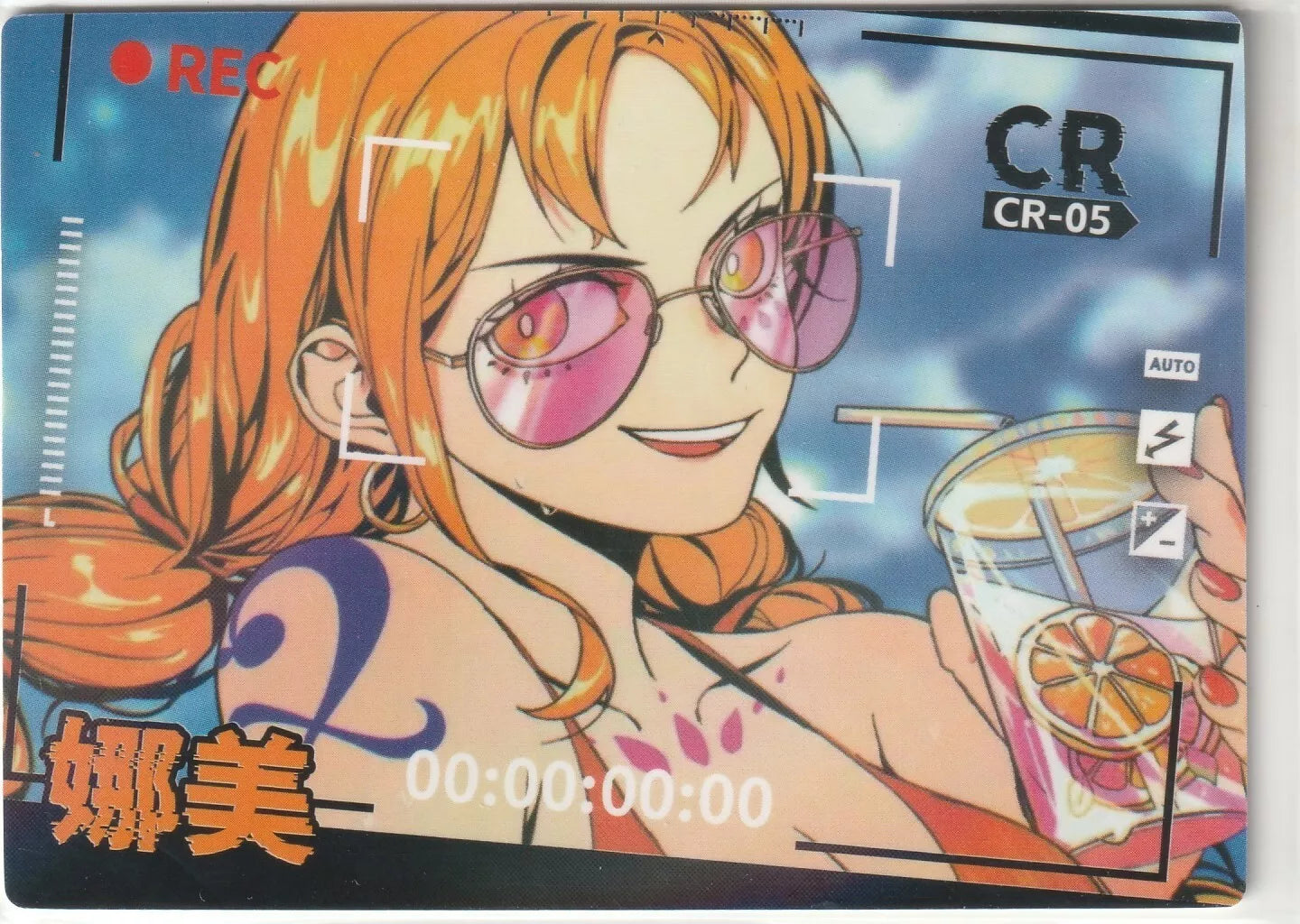 A vibrant foil image of Nami in a swimsuit, holding a drink, with a recording frame overlay.