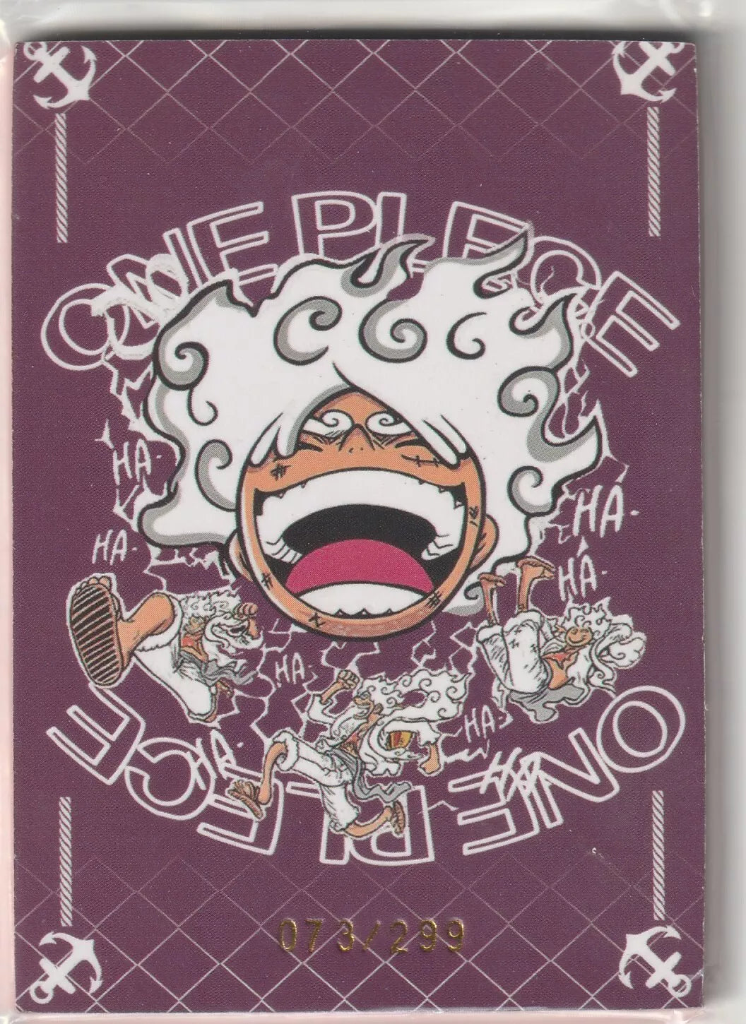 "One Piece CX-04 card back featuring Luffy in his Gear Fifth form with a deep purple background, limited edition numbered 073/299."