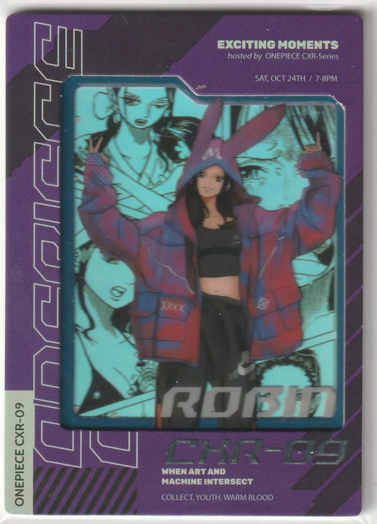 "One Piece CXR-09 card featuring Nico Robin in streetwear fashion, framed with artistic sketches, marked with CXR-09 and labeled Exciting Moments."