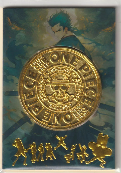 One Piece Anime Card Case Rare Gold Metal Coin featuring Roronoa Zoro with Straw Hat Pirates emblem in gold.