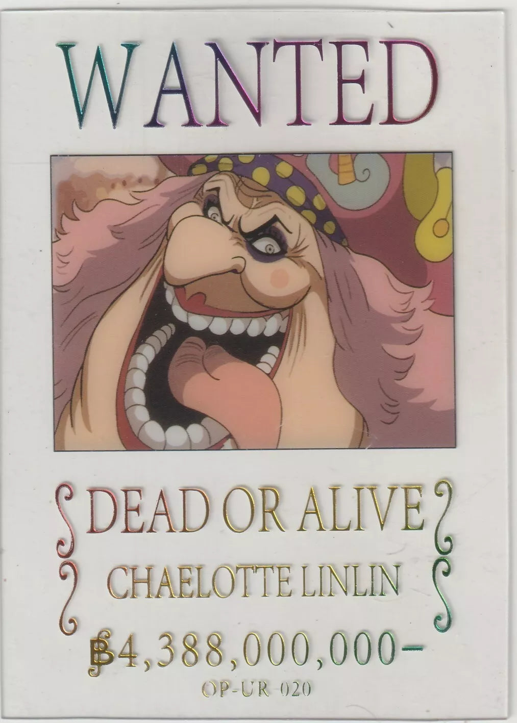 One Piece Anime Card OP-UR-020 featuring Big Mom's Wanted Poster on clear acrylic with a bounty of 4,388,000,000 Berries.